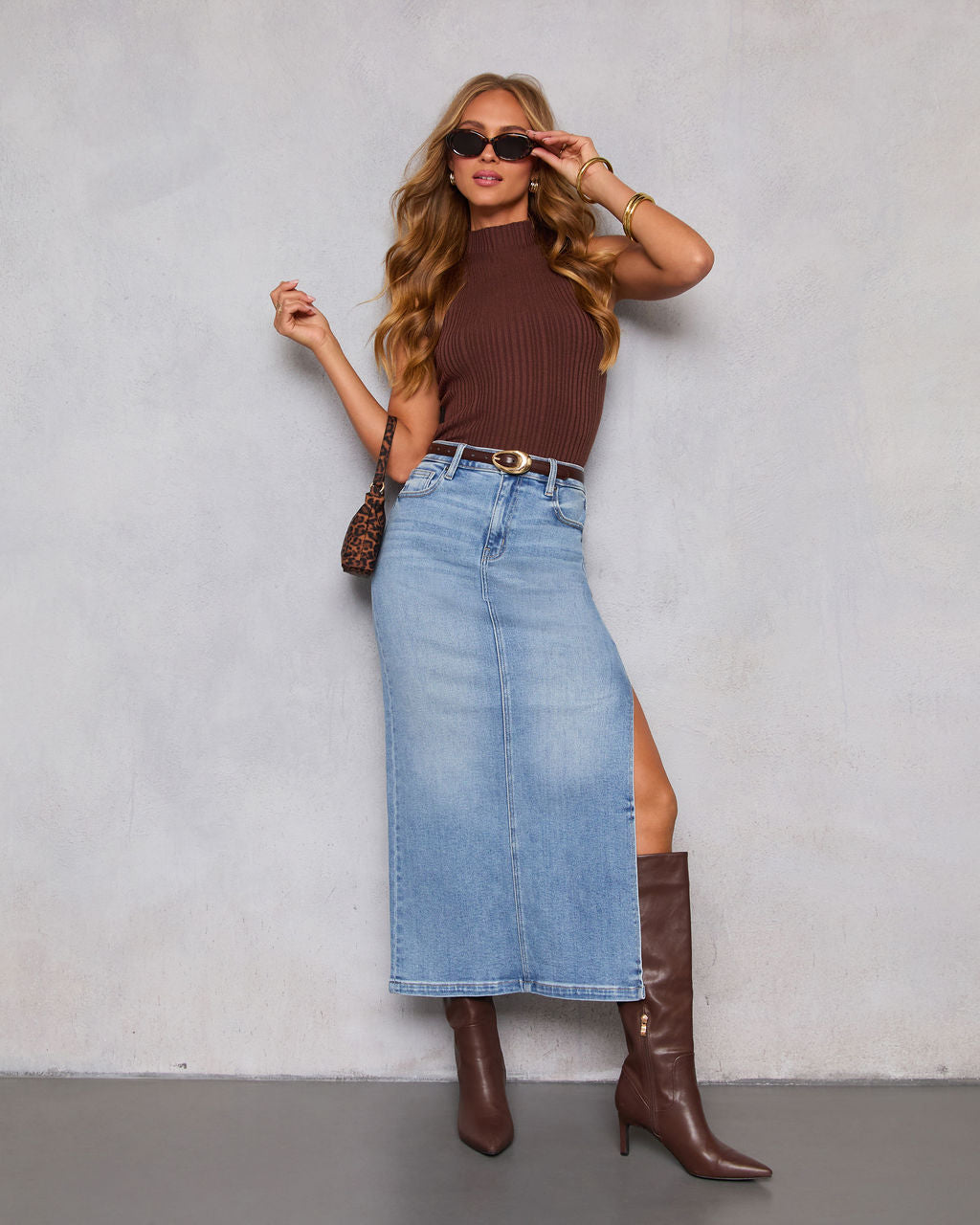 Chic Side Slit Denim Midi Skirt
