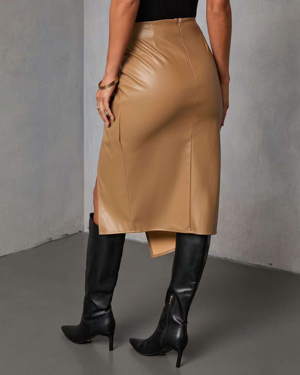 Like Wow Faux Leather Twisted Midi Skirt