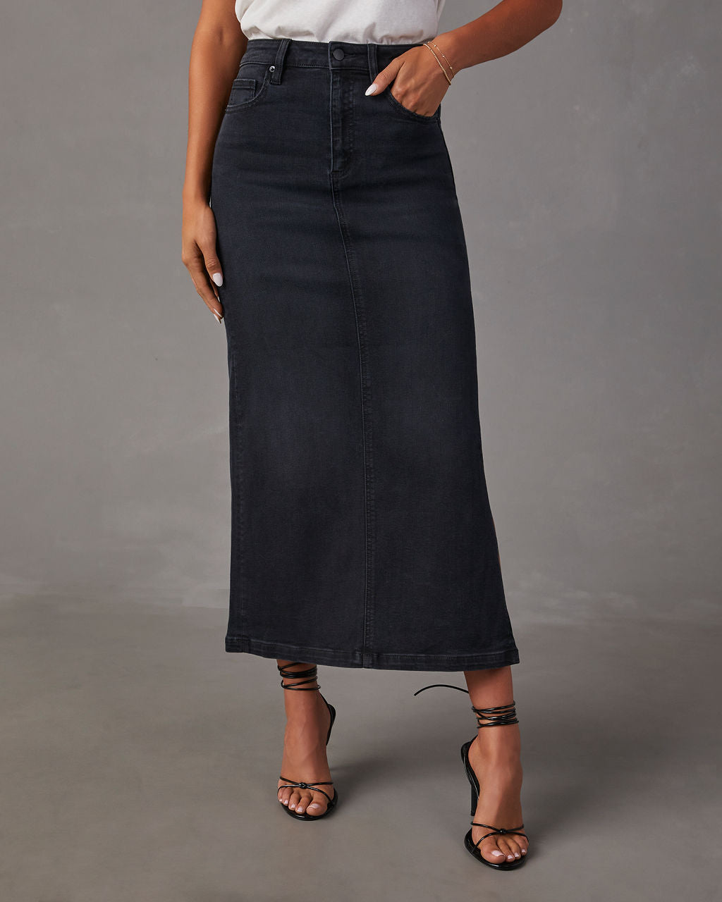 Chic Side Slit Denim Midi Skirt